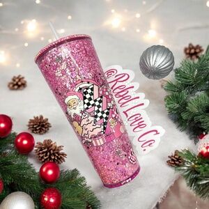 Pink Christmas Tumbler Snowglobe 24oz Santa Checkered Glitter Cup, Xmas Gift